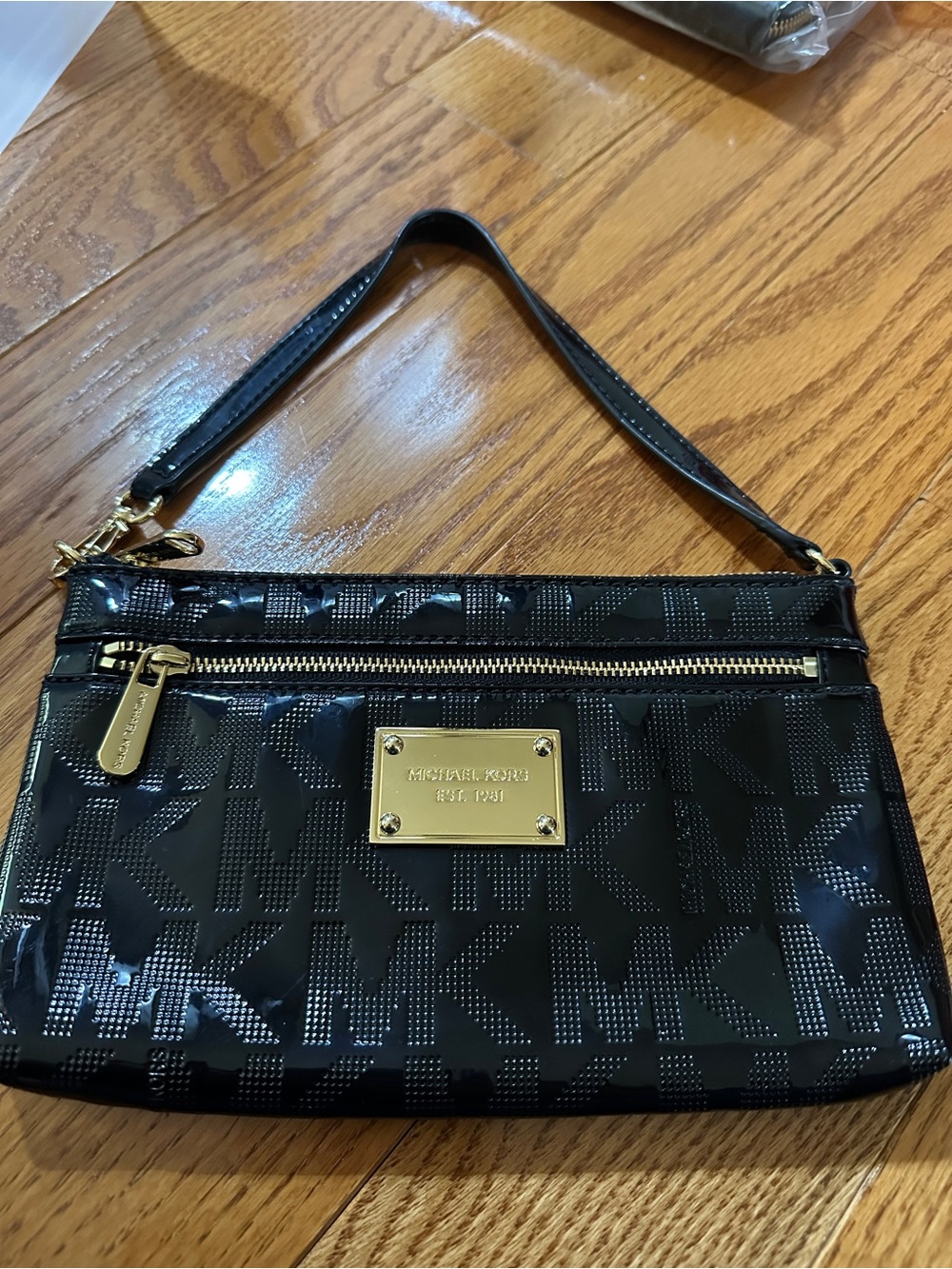 Michael Kors Black Patent Logo Wristlet with Gold Hardware